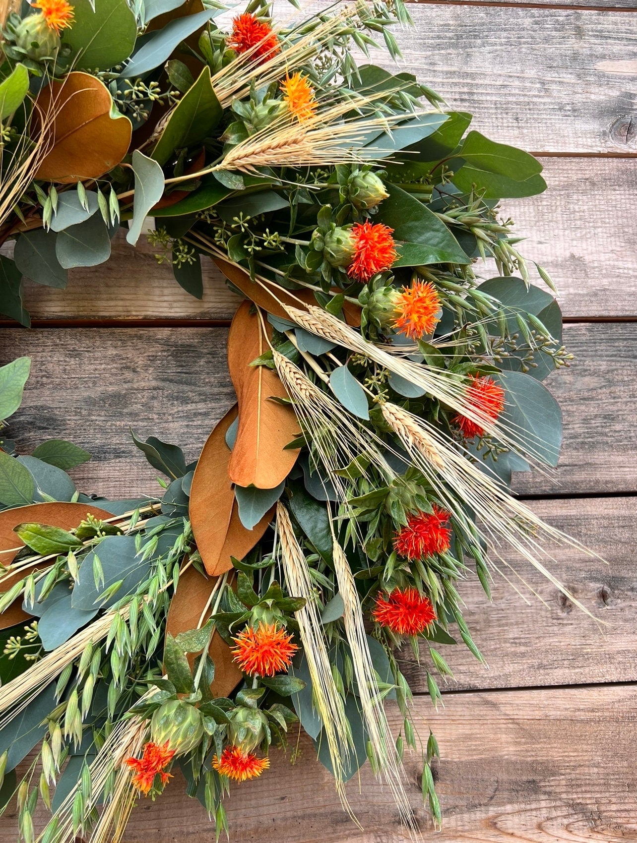 Real wreath FRESH Seeded eucalyptus, oats, real Magnolia, Safflower, wheat . Front Door Decor, Home DecorationChristmas Decor, Winter.