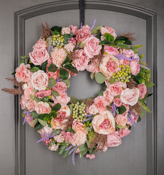 Wreath for Front Door Decor, Pastel Colors Faux Artificial Real Touch Indoors, Outdoors, Office, Spring, Summer, Birthday Gift House Warming