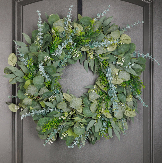 Wreath for Front Door Decor, Green Eucalyptus, Rosemary, Faux Artificial Indoors, Outdoors, Birthday Gift, House Warming, Spring, Easter