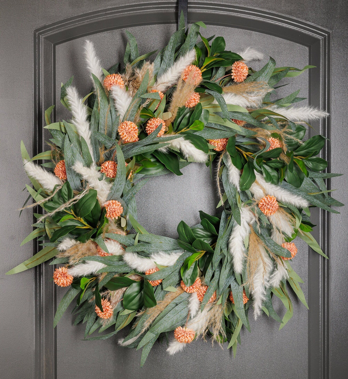 Wreath for Front Door Decor, Christmas, Orange, Pampas Faux Artificial Real Touch Indoors, Outdoors,New year, Birthday Gift,