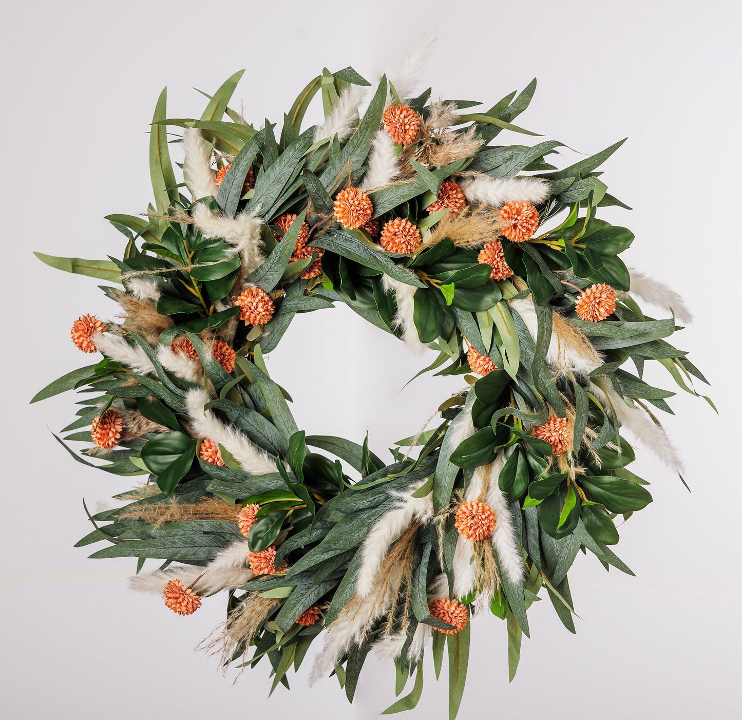 Wreath for Front Door Decor, Christmas, Orange, Pampas Faux Artificial Real Touch Indoors, Outdoors,New year, Birthday Gift,