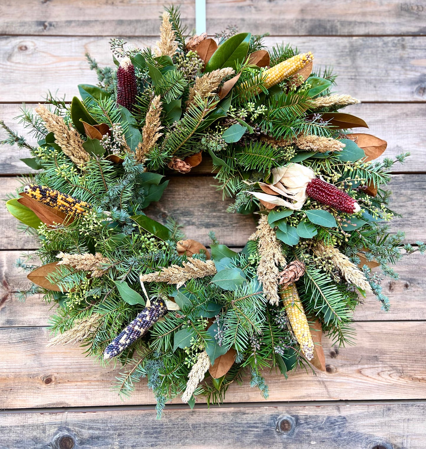 FRESH Winter Wreath, Pines, Eucalyptus, Magnolia and Corn Wreath for front door decor, Christmas, Birthday Gift farmhouse