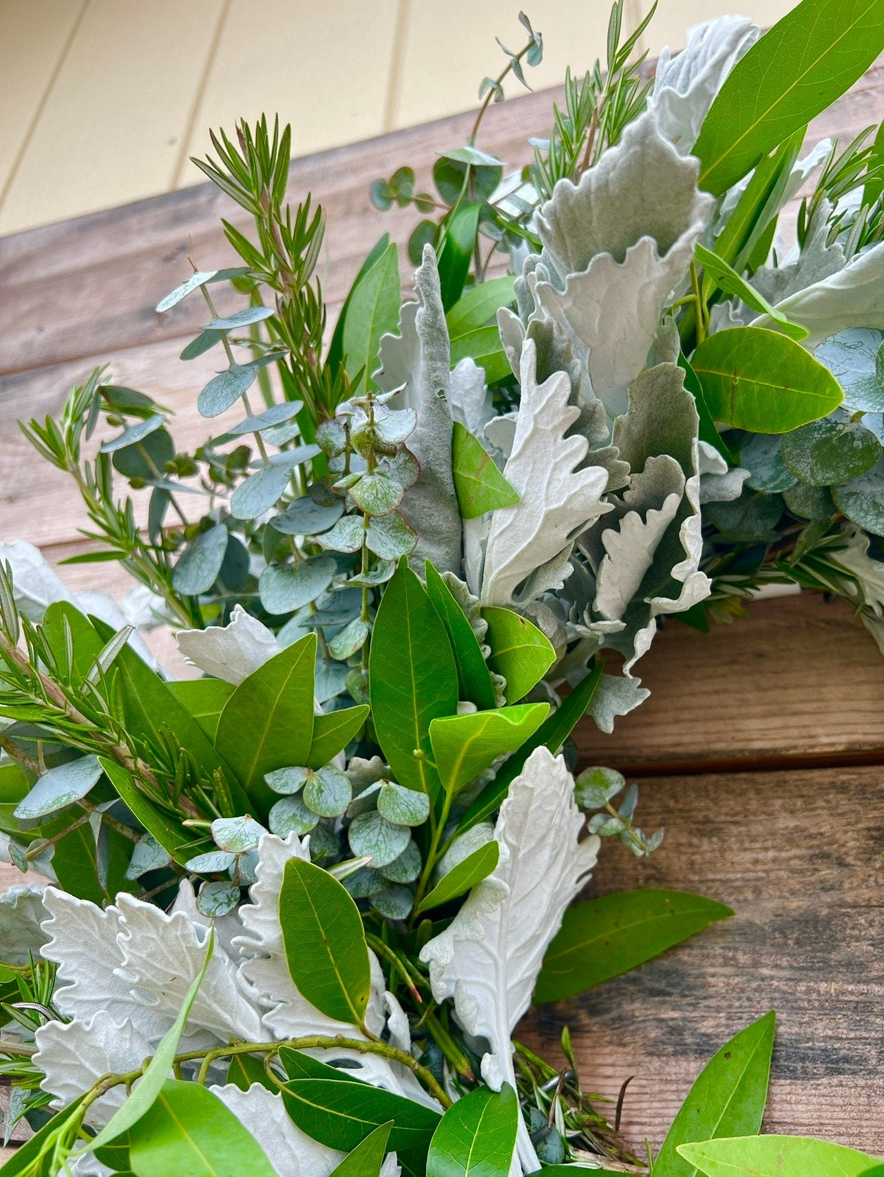 FRESH Real Dusty Miller, Bayleaf, Eucalyptus, Rosemary Wreath. Front Door Decor, Home Decoration Decor, Christmas, New year, Winter.