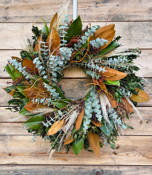 FRESH Real Magnolia Leaf,  Sorghum, Pampas,  Curly Willow Wreath front door decor, Winter, Christmas, Birthday Gift Housewarming Office