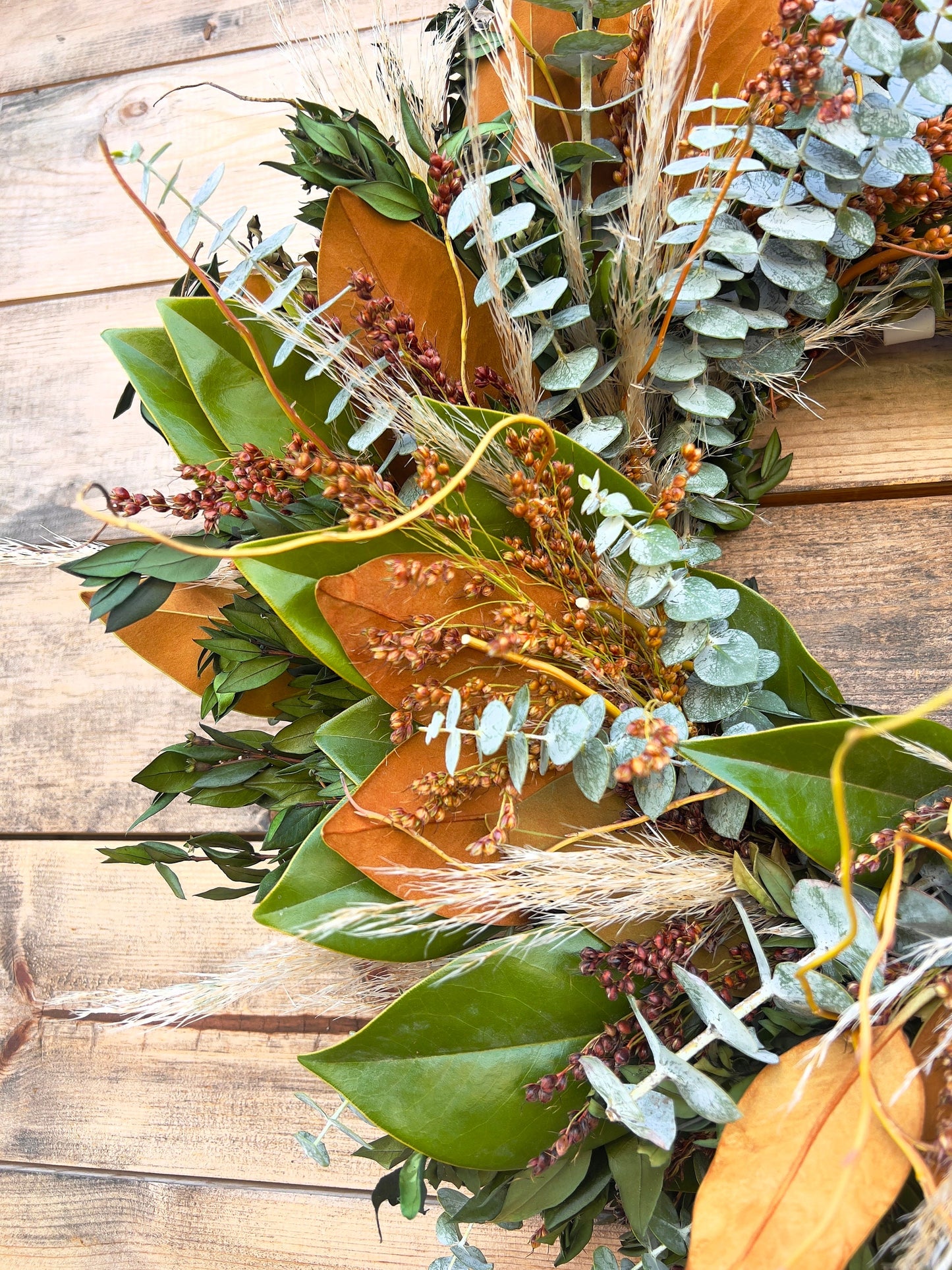 FRESH Real Magnolia Leaf,  Sorghum, Pampas,  Curly Willow Wreath front door decor, Winter, Christmas, Birthday Gift Housewarming Office