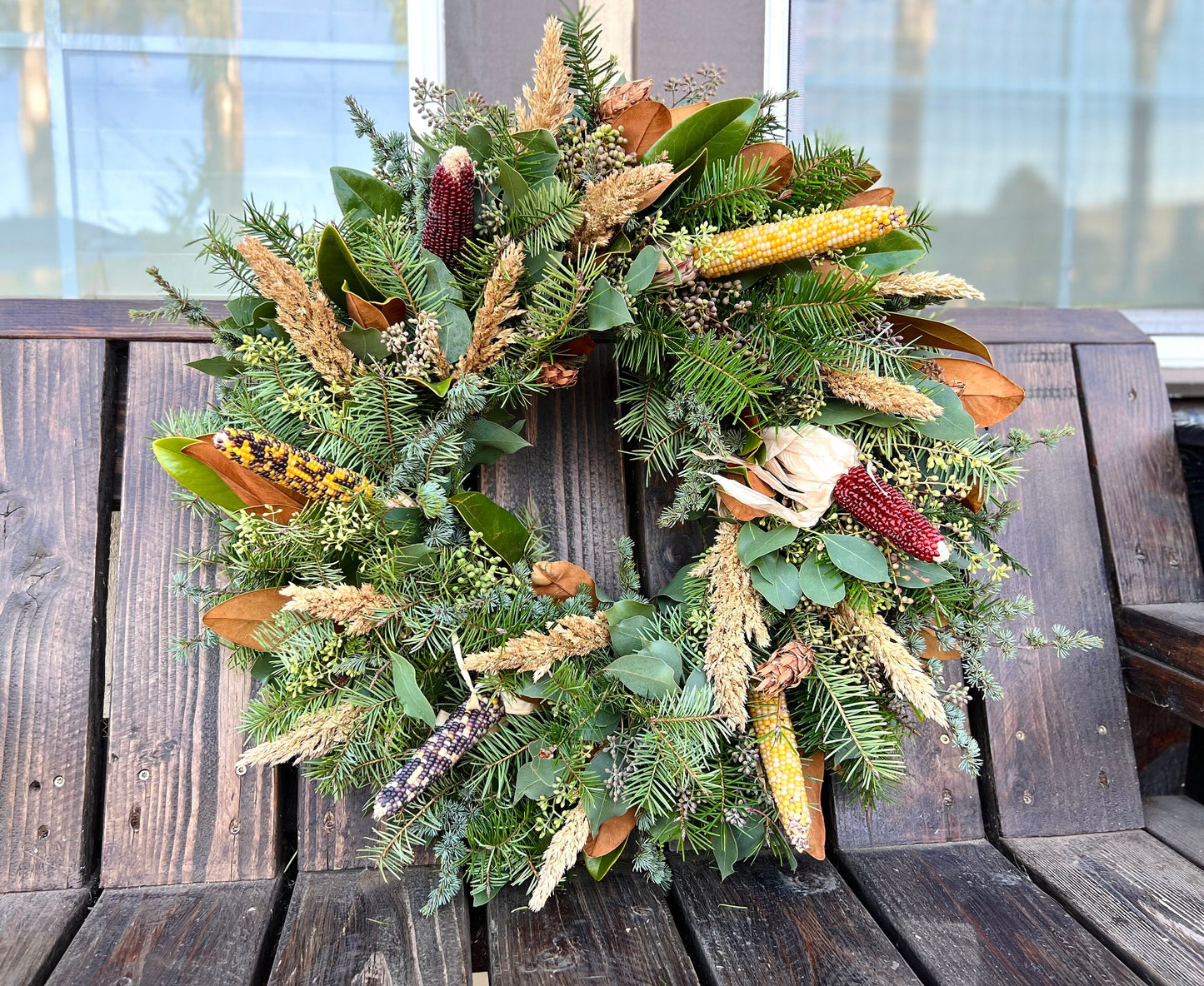 FRESH Winter Wreath, Pines, Eucalyptus, Magnolia and Corn Wreath for front door decor, Christmas, Birthday Gift farmhouse