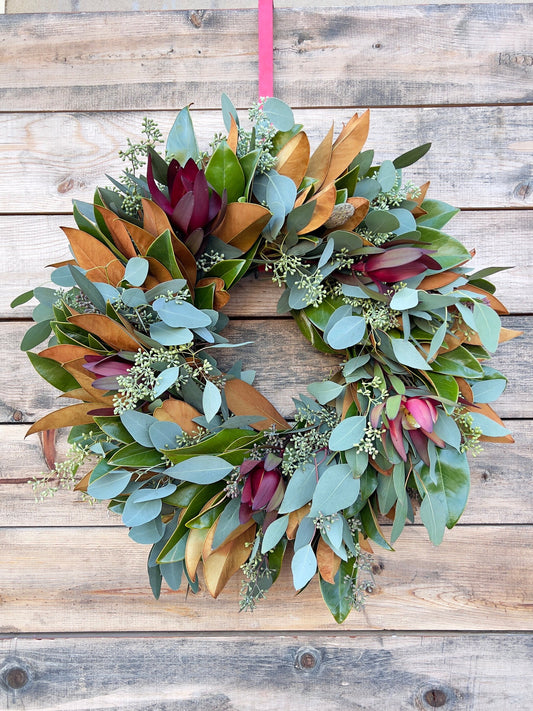 FRESH Real Magnolia Leaf, Leucadendron and Eucalyptus  Wreath front door decor, spring, summer, Valentines day gift, Birthday Gift,