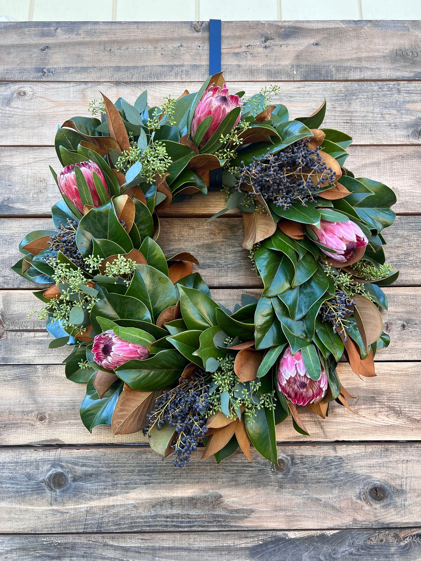 Fresh Real Magnolia Eucalyptus Pink Ice Proteas and Privet Wreath for front door decor birthday gift spring summer valentines day gift