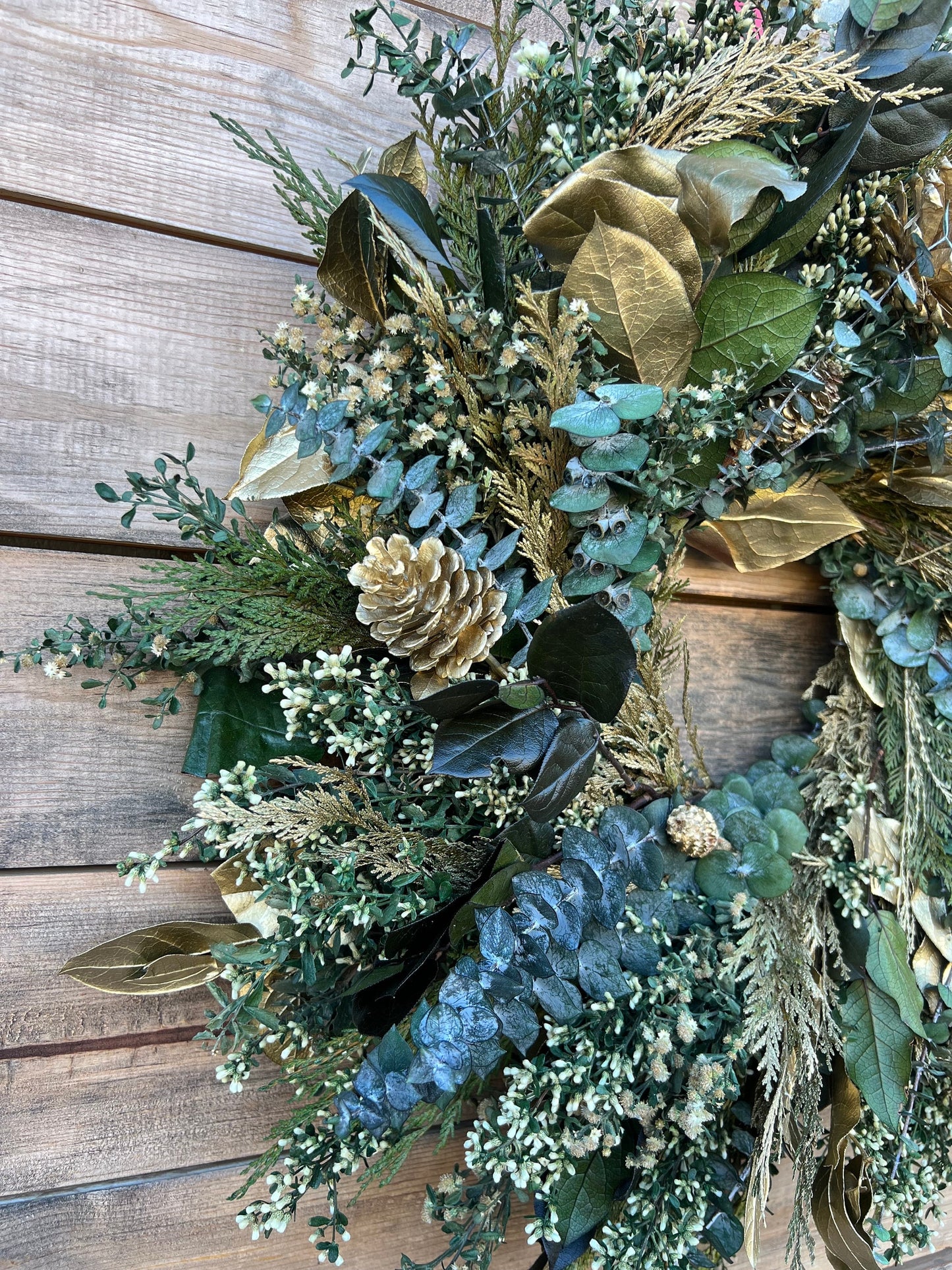 Preserved Green and Gold Wreath for Front Door Decor. Cypress, Salal Leaf, Pine Cones, Eucalyptus.