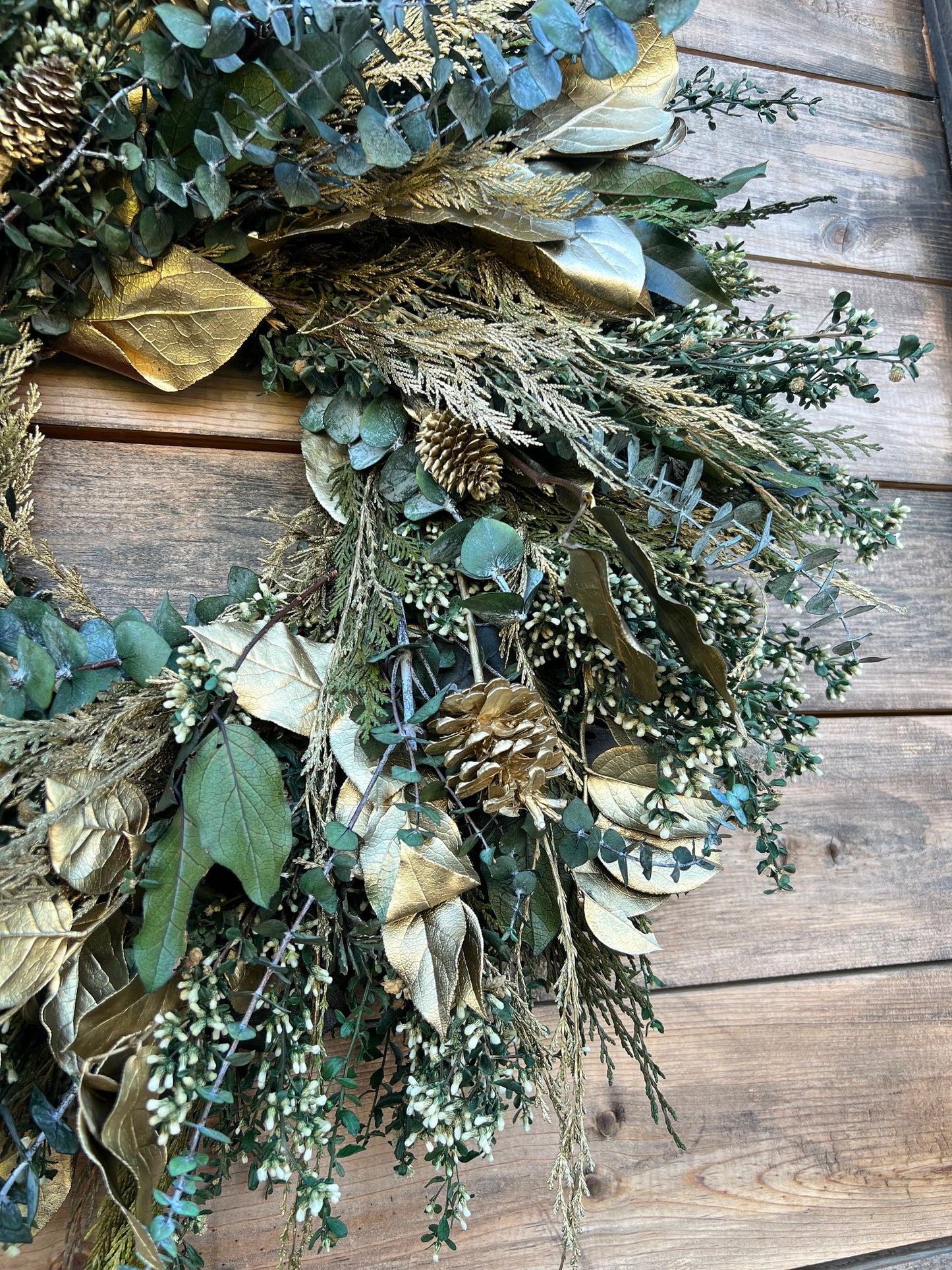 Preserved Green and Gold Wreath for Front Door Decor. Cypress, Salal Leaf, Pine Cones, Eucalyptus.