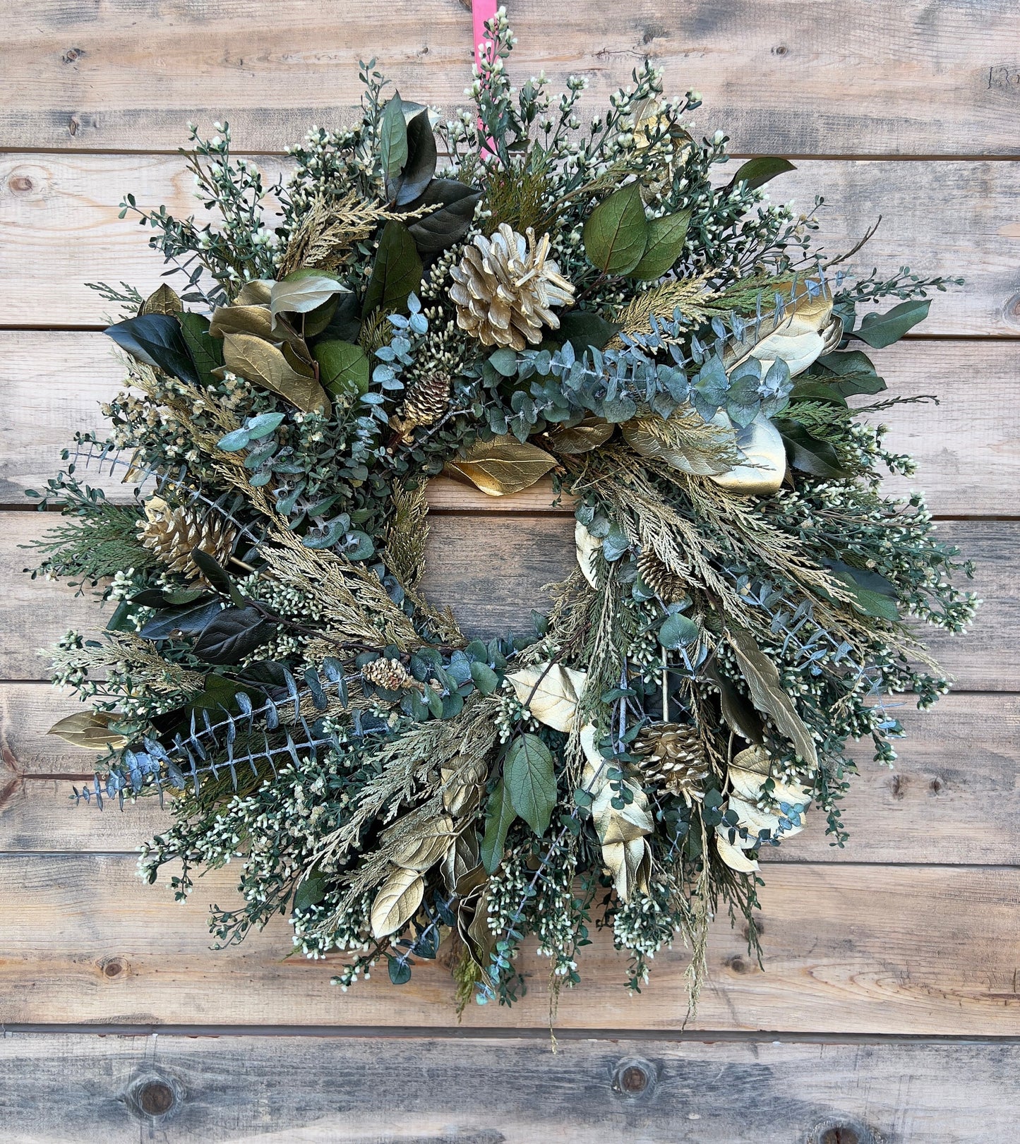 Preserved Green and Gold Wreath for Front Door Decor. Cypress, Salal Leaf, Pine Cones, Eucalyptus.