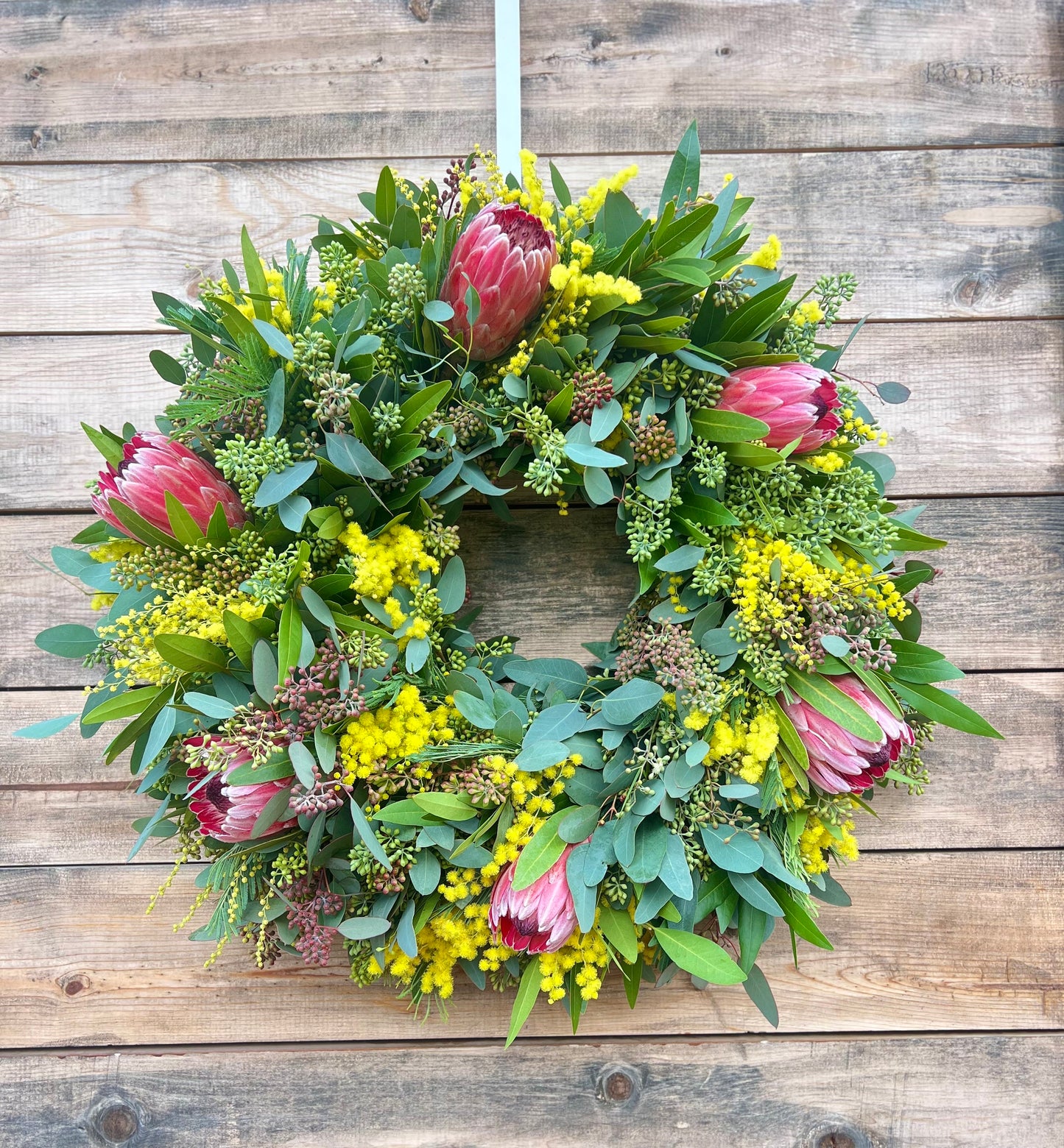 Fresh Real Wreath for Front Door Decor, Bayleaf Laurel, Eucalyptus, Proteas, Acacia, Spring, Summer,  Valentines Day Gift